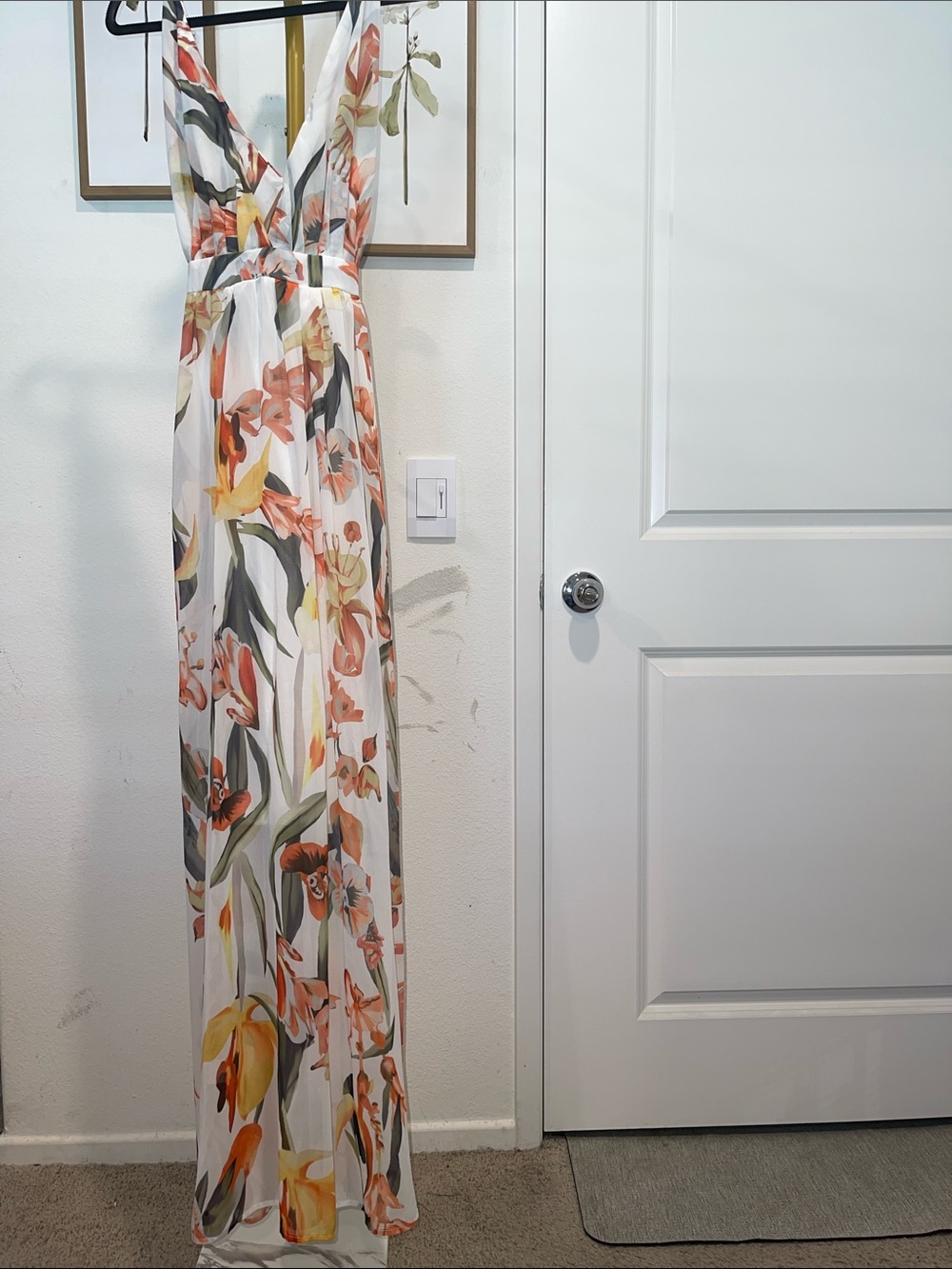 Floral V-Neck Maxi Dress in White with Orange & Green Print